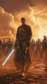 Armored figure with troops on desert battlefield at dusk.