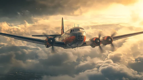 Vintage four‑engine airliner cuts through glowing storm clouds.