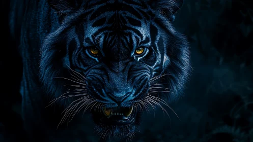 Digital close-up depicts a low-key blue-toned tiger face