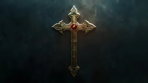 Ornate metallic cross with central red gem on dark surface