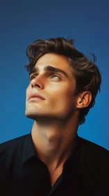 Thoughtful young man gazing upward in soft blue light.