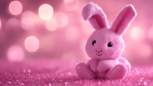 Soft pink plush bunny glows amid dreamy bokeh lights.