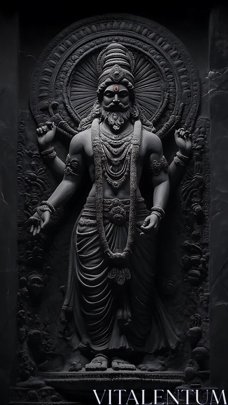 Black stone Hindu deity sculpture with ornate circular halo.