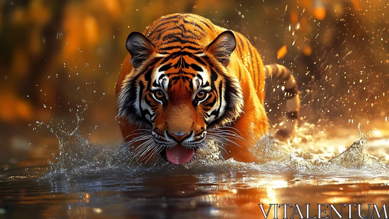 Tiger strides through shallow water with intense forward gaze