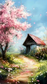 Spring garden path to rustic shed under blooming cherry canopy