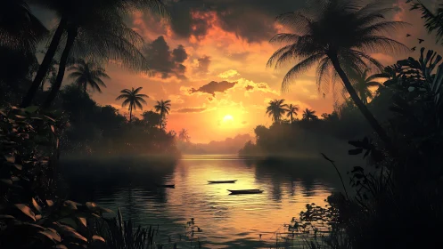 Luminous tropical sunset bathes a tranquil jungle river.