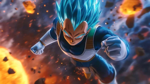 Energetic Saiyan combat ascent through explosive debris field.