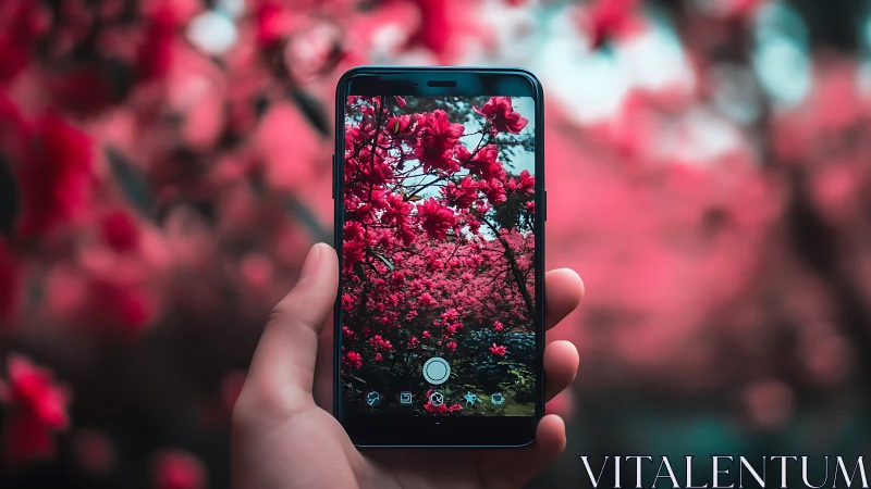 Hand holding smartphone displaying vibrant red flowers.