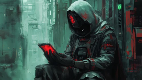 Hooded figure studies red device in dim cybernetic alley