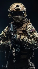 Calm, Battle-Ready Soldier Standing in Tactical Gear.