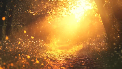 Enchanted forest path glowing with golden sunlight and warm tones.