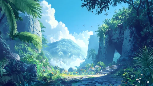 Lush tropical valley surrounds stone stairway and rock arch