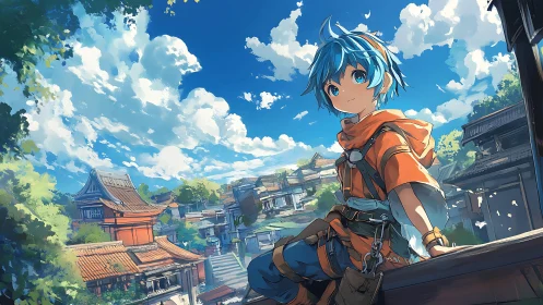 Blue haired anime traveler observes sunlit traditional townscape