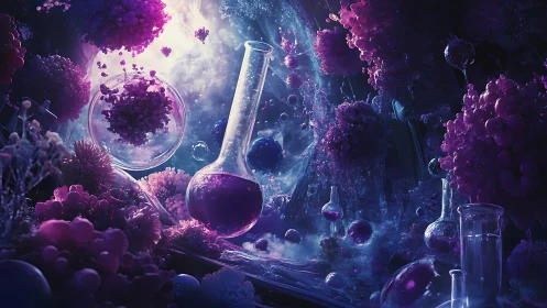 Luminescent alchemy in a surreal violet laboratory dreamscape.