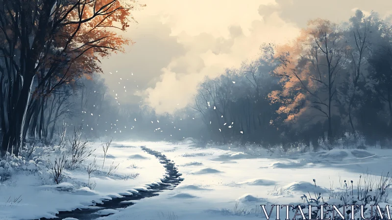 Frozen Stream Through Winter Forest Landscape.