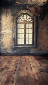 Weathered arched window in abandoned rustic interior room.