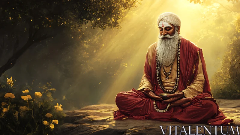 Digital painting of meditative sage in luminous forest clearing.