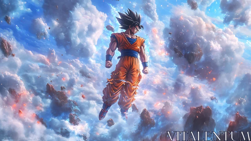 Anime fighter floating among dense glowing storm clouds.