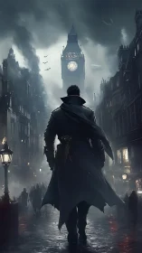 Figure in dark coat walking toward foggy clocktower scene.