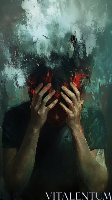 Tormented figure clutches burning head amid dissolving void