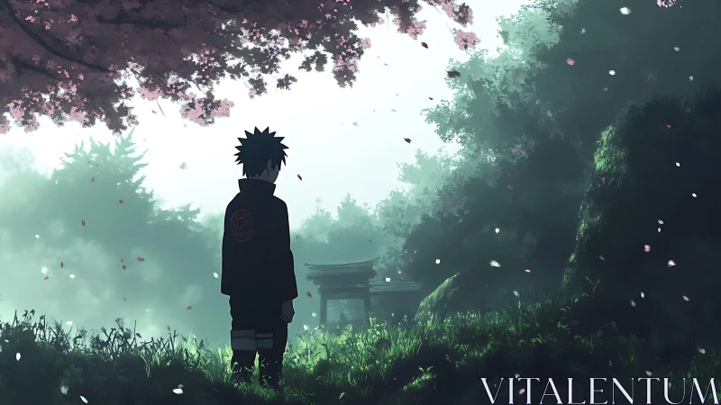 Solitary anime figure under cherry blossoms in misty grove.
