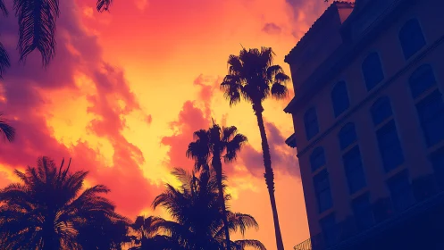 Palm trees burn against a neon sunset over city balconies