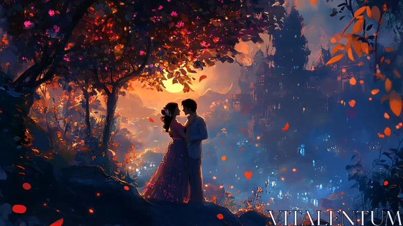 Couple embraces beneath luminous sunset tree with floating embers