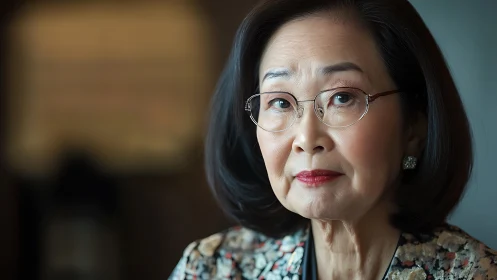 Elegant elderly woman in glasses, soft light, candid portrait style.