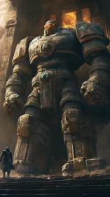 Colossal stone mech towers above lone cloaked wanderer.