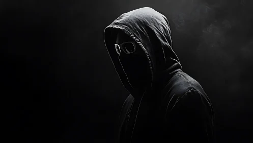 Shadowed hooded figure stands quietly in dramatic darkness