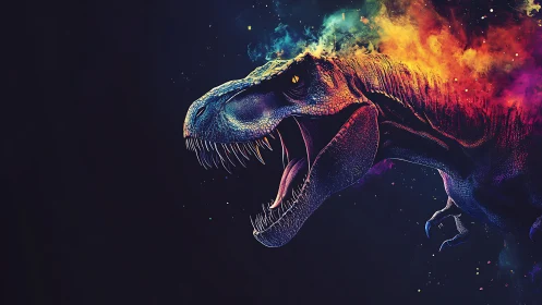Neon tyrannosaurus roars through cosmic color flames.