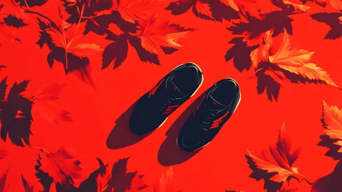 Black sneakers centered on bold red leaf background.