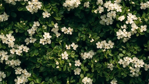 Overhead aerial view captures dense flowering shrub canopy with clustered white blooms