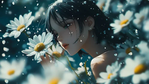 Digital painting portrait amid drifting petals and daisies.