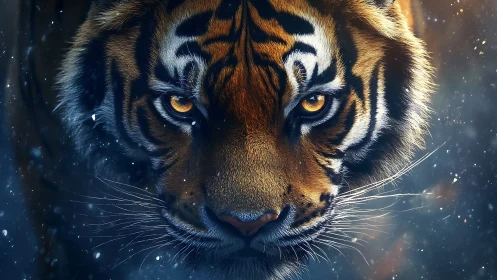 Close-up digital portrait of tiger face in cold light.