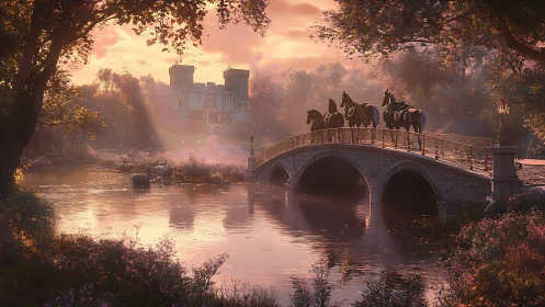 Sunlit carriage crossing an arched bridge toward distant castle