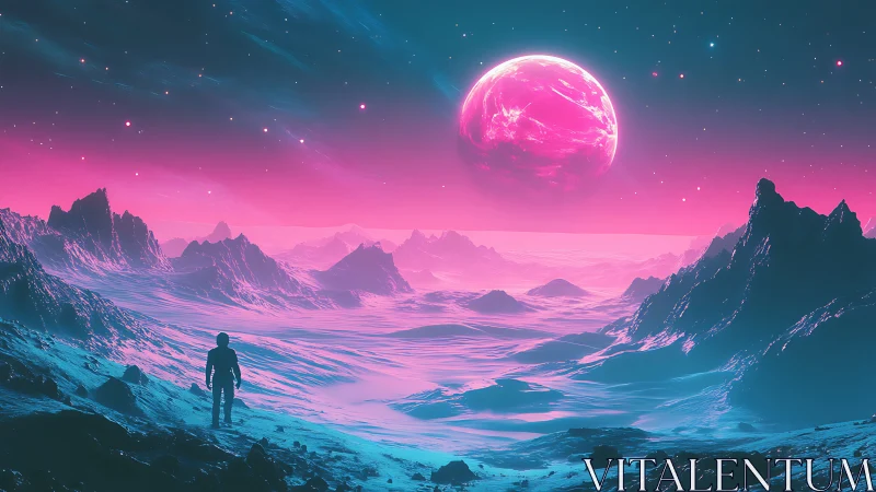 Solitary astronaut surveying neon magenta exoplanetary landscape
