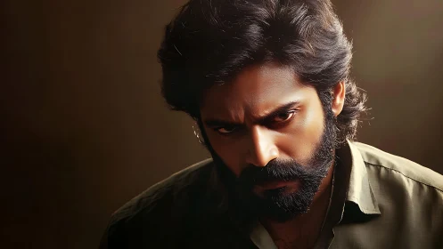 Bearded man stares intensely at camera in low key light