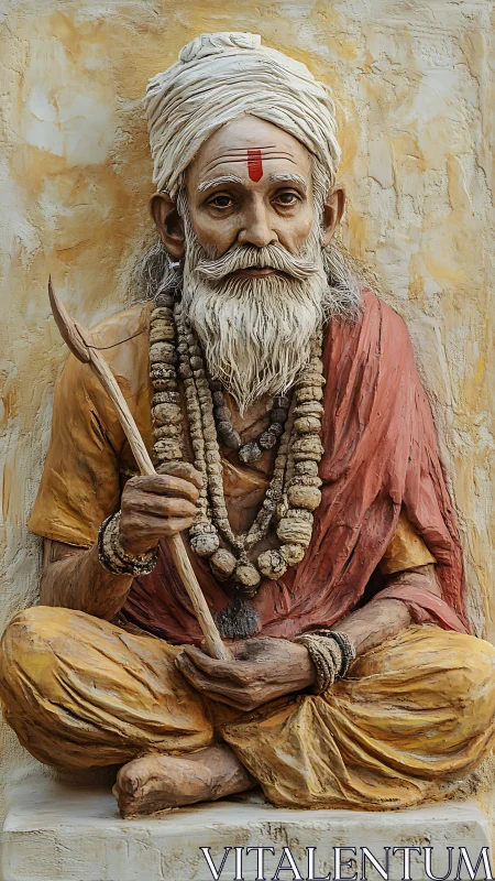 Seated elderly ascetic figure rendered in detailed relief sculpture