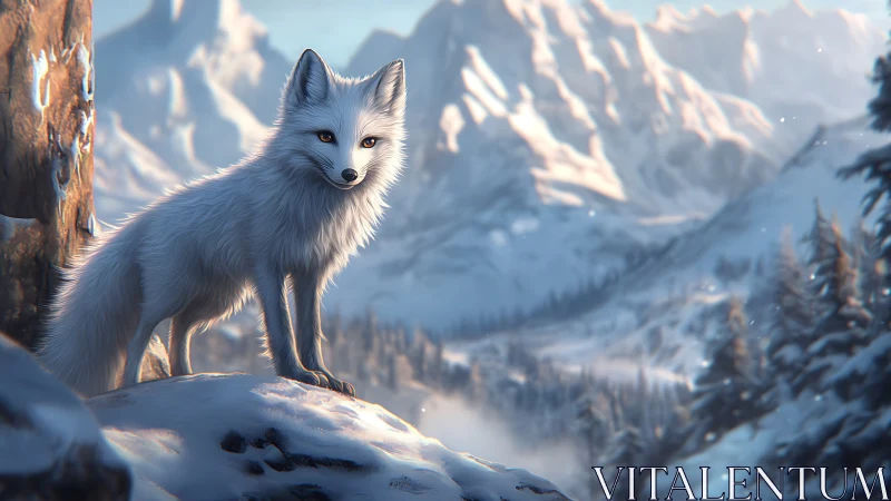 White arctic fox surveys a serene, sunlit winter valley