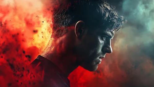 Moody male profile in red and teal cinematic smoke clouds.