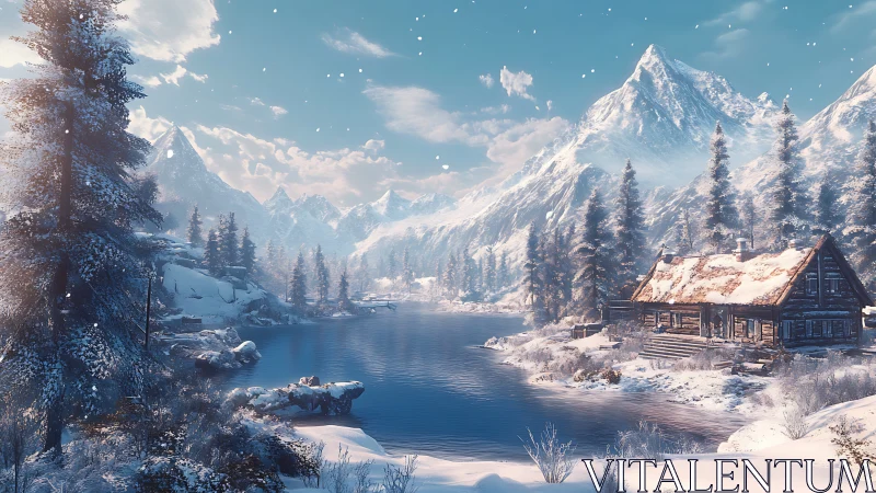 Snowy mountain lake surrounds rustic cabin under clear sky