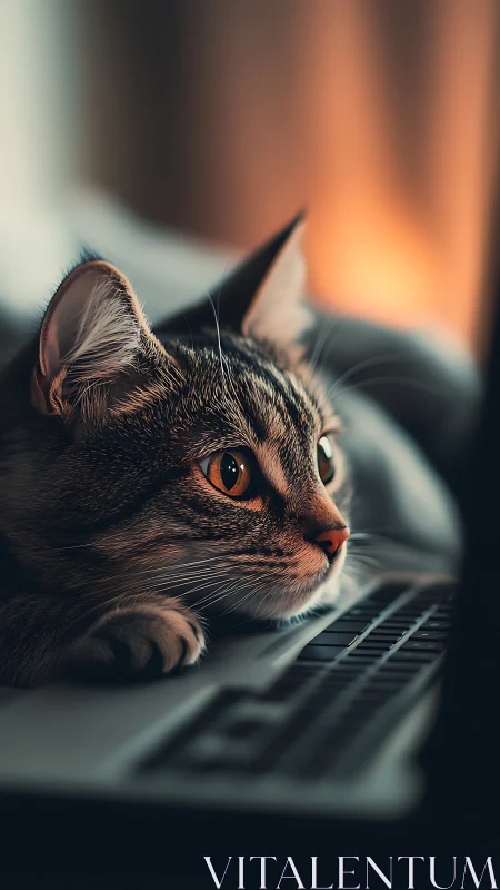 Tabby cat at keyboard with warm amber-lit background.