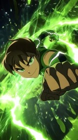 Dynamic green-lit anime hero rendered in high-contrast motion