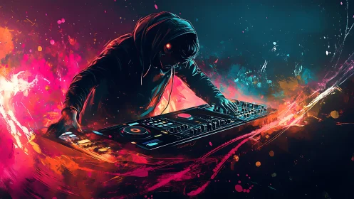 Neon hooded DJ mixing decks in explosive digital spray.