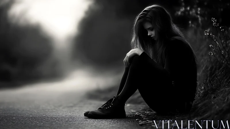 Monochrome roadside portrait isolates seated girl in soft bokeh