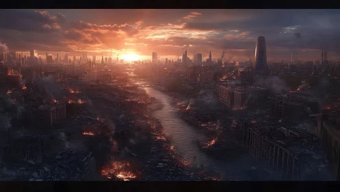 Sunset over the broken river of a smoldering future city.