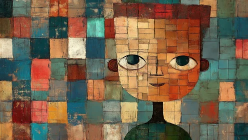 Friendly mosaic portrait in cozy, colorful patchwork tones.