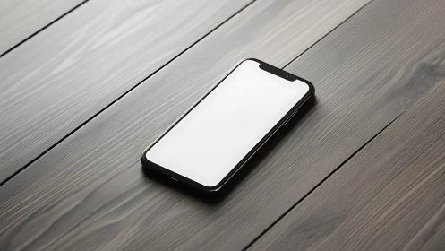 Black smartphone with blank white screen on wooden desk.