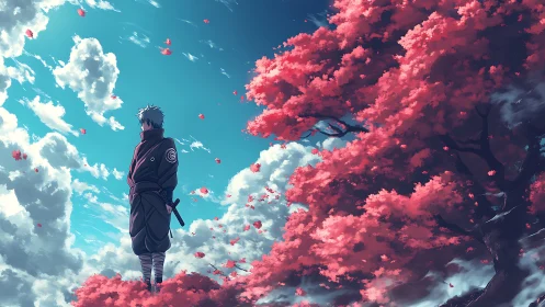 Skyward shinobi dreams beneath a storm of crimson blossoms.